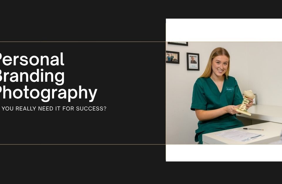 A woman in medical scrubs sits at a desk, holding a spine model and smiling at a person opposite her. Text on the left reads, Personal Branding Photography: Do you really need it for success?.