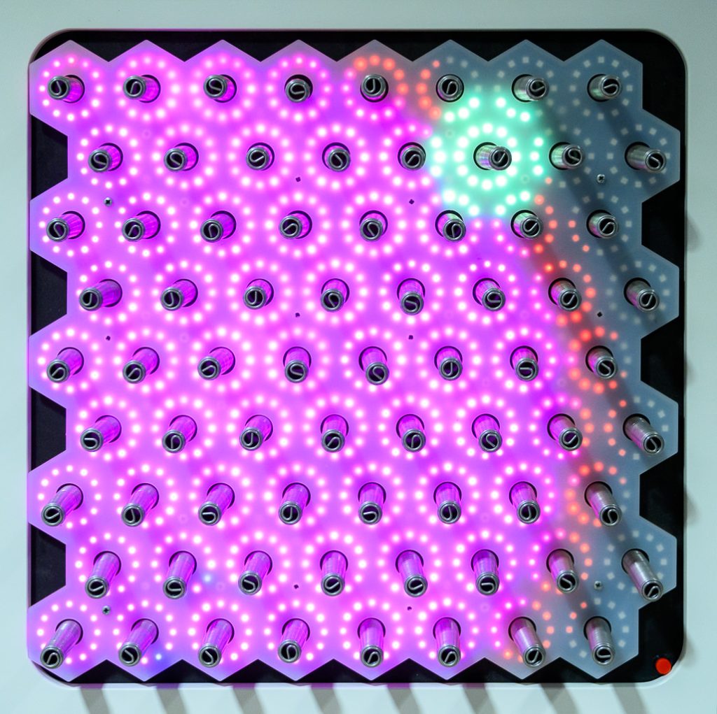 A square grid of glowing LED lights on a metallic board, mostly pink with a few green lights in the upper right corner. Small cylindrical components are attached at each intersection on the grid.