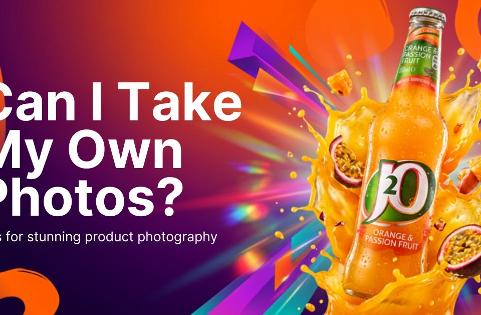 A vibrant orange bottle of J2O Orange & Passion Fruit drink splashes open with fruit pieces flying, next to bold text: Can I Take My Own Photos? Tips for stunning product photography on a colourful abstract background.