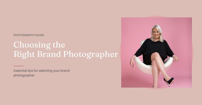 A woman with blonde hair in a black dress sits on a white modern chair against a pink background. Text reads: Choosing the Right Brand Photographer: Essential tips for selecting your brand photographer.