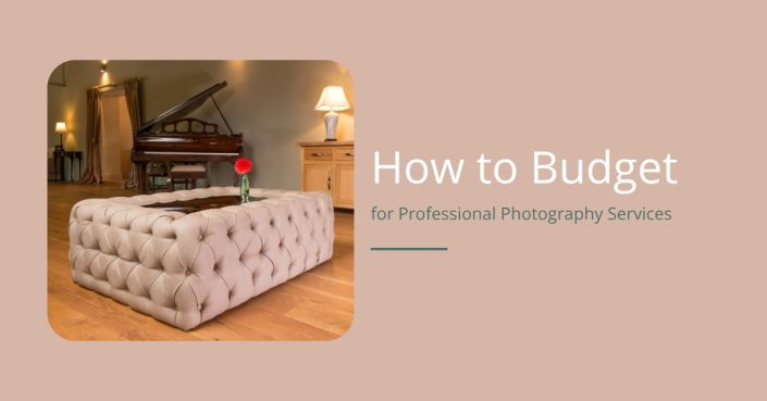 A stylish living room with a grand piano, tufted beige ottoman, and a single red flower in a vase. Text reads, How to Budget for Professional Photography Services.