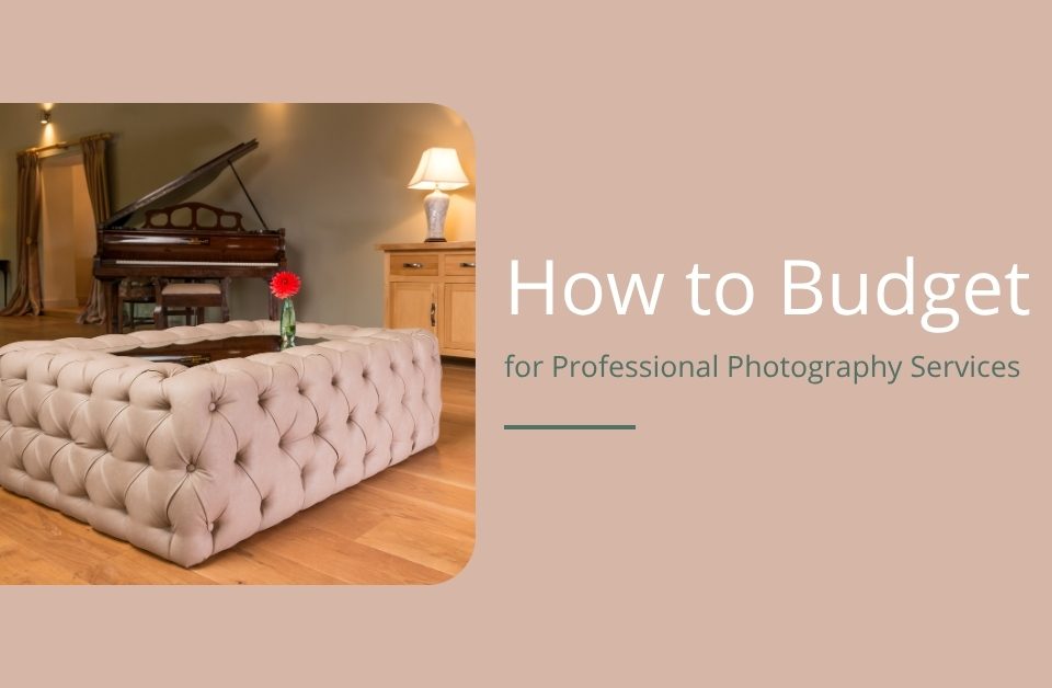 A stylish living room with a grand piano, tufted beige ottoman, and a single red flower in a vase. Text reads, How to Budget for Professional Photography Services.