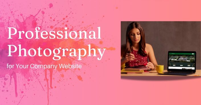 A promotional graphic for professional photography services. Left side shows Professional Photography for Your Company Website on a pink background; right side features a woman working at a desk with a laptop and a notebook.