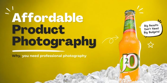 A J2O drink bottle on ice with text: Affordable Product Photography. Why you need professional photography. Big Results Don’t Need Big Budgets! Yellow background.