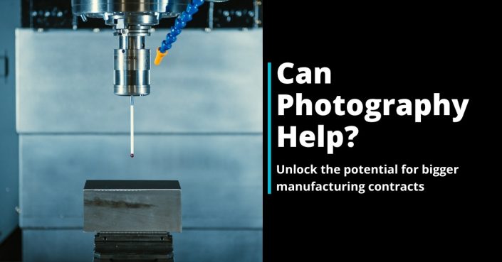A CNC machine tool inside a factory, with text reading, Can Photography Help? Unlock the potential for larger manufacturing contracts on a black background.