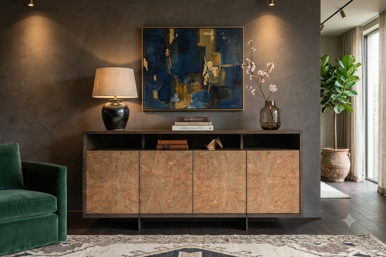 AI-generated image. A modern living room with a green sofa, wooden sideboard, lamp, books, vase with flowers, abstract blue-gold painting, potted plant, and natural light from large windows.