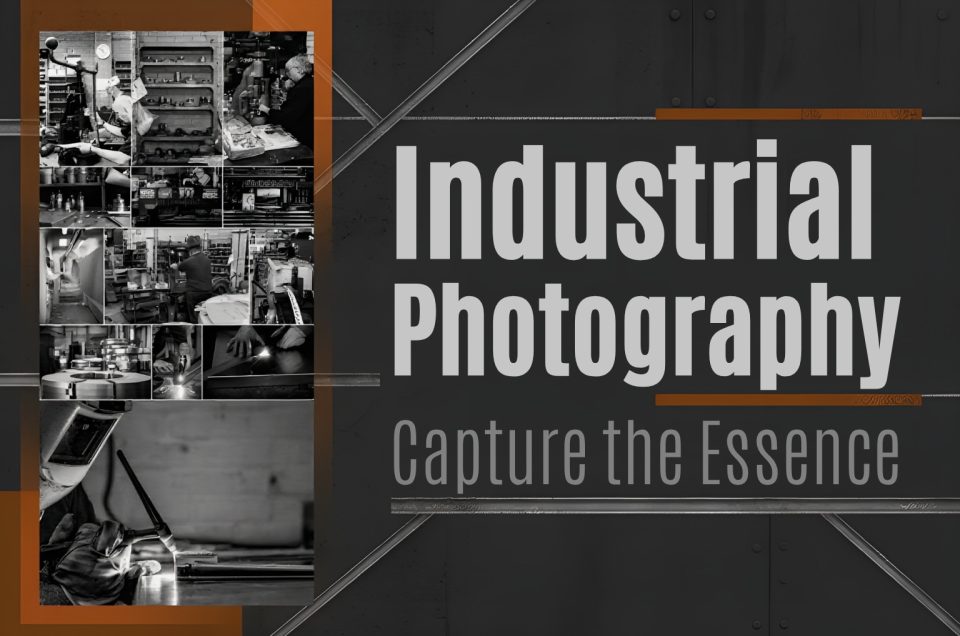 Collage of black-and-white industrial photos with bold text reading Industrial Photography Capture the Essence on a dark, metallic background.