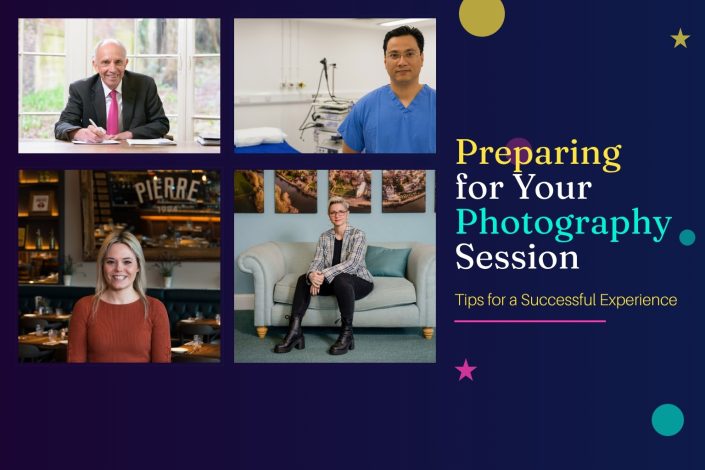 A collage showing three professional headshots, one person seated on a sofa, and text reading Preparing for Your Photography Session - Tips for a Successful Experience on a dark background with colourful shapes.