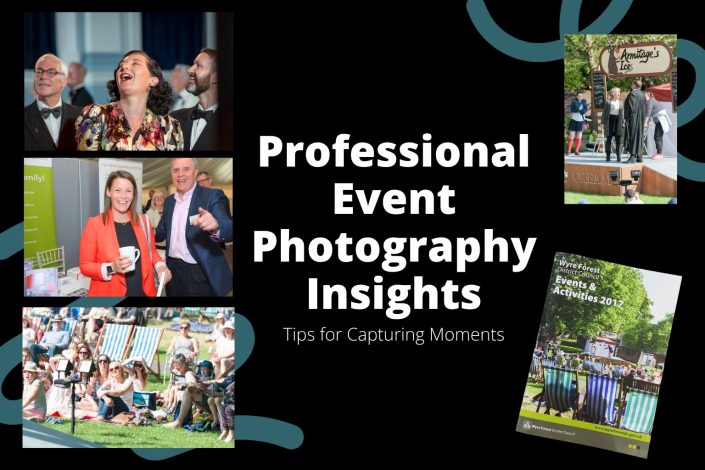A collage of event photos with people laughing, socialising, and enjoying outdoor activities, alongside brochures. Text in the centre reads, “Professional Event Photography Insights – Tips for Capturing Moments.”.