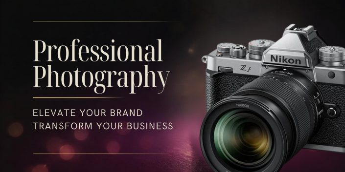 A Nikon camera beside text that reads “Professional Photography—Elevate Your Brand, Transform Your Business” on a dark background.