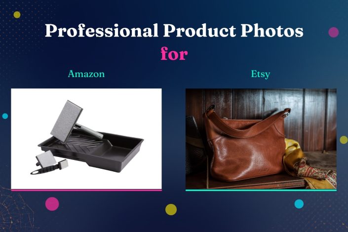 A paint tray set and a brown leather handbag are labelled as product photos for Amazon and Etsy, respectively, on a blue background with colourful dots and stylish text.