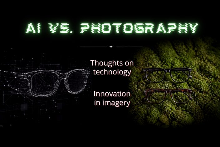 A digital wireframe of glasses on a dark background contrasts with two real glasses on moss. Text reads: AI vs. Photography, Thoughts on technology, and Innovation in imagery.