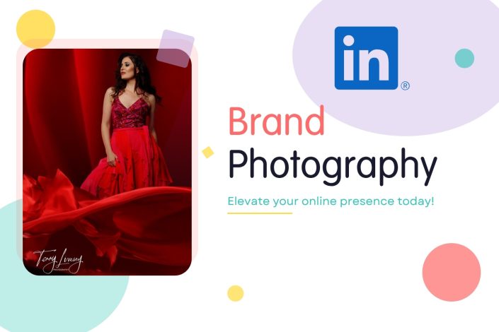 A woman in a red dress poses for a photo. Text reads Brand Photography. Elevate your online presence today! with the LinkedIn logo and colourful graphic shapes in the background.