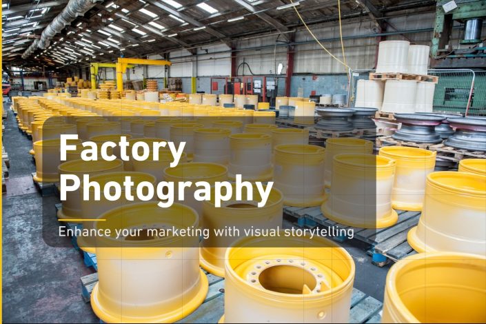 Yellow factory wheels on pallets fill an industrial warehouse. Text overlay reads: Factory Photography. Enhance your marketing with visual storytelling.